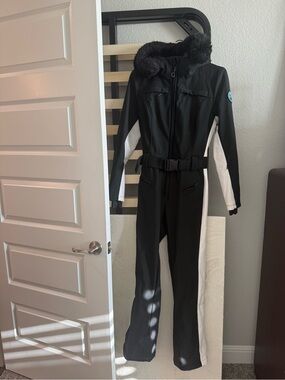 Women's Black and White Ski One-Piece with Fur-Trim Hood